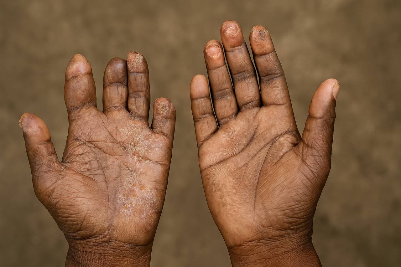 A hand infected with leprosy