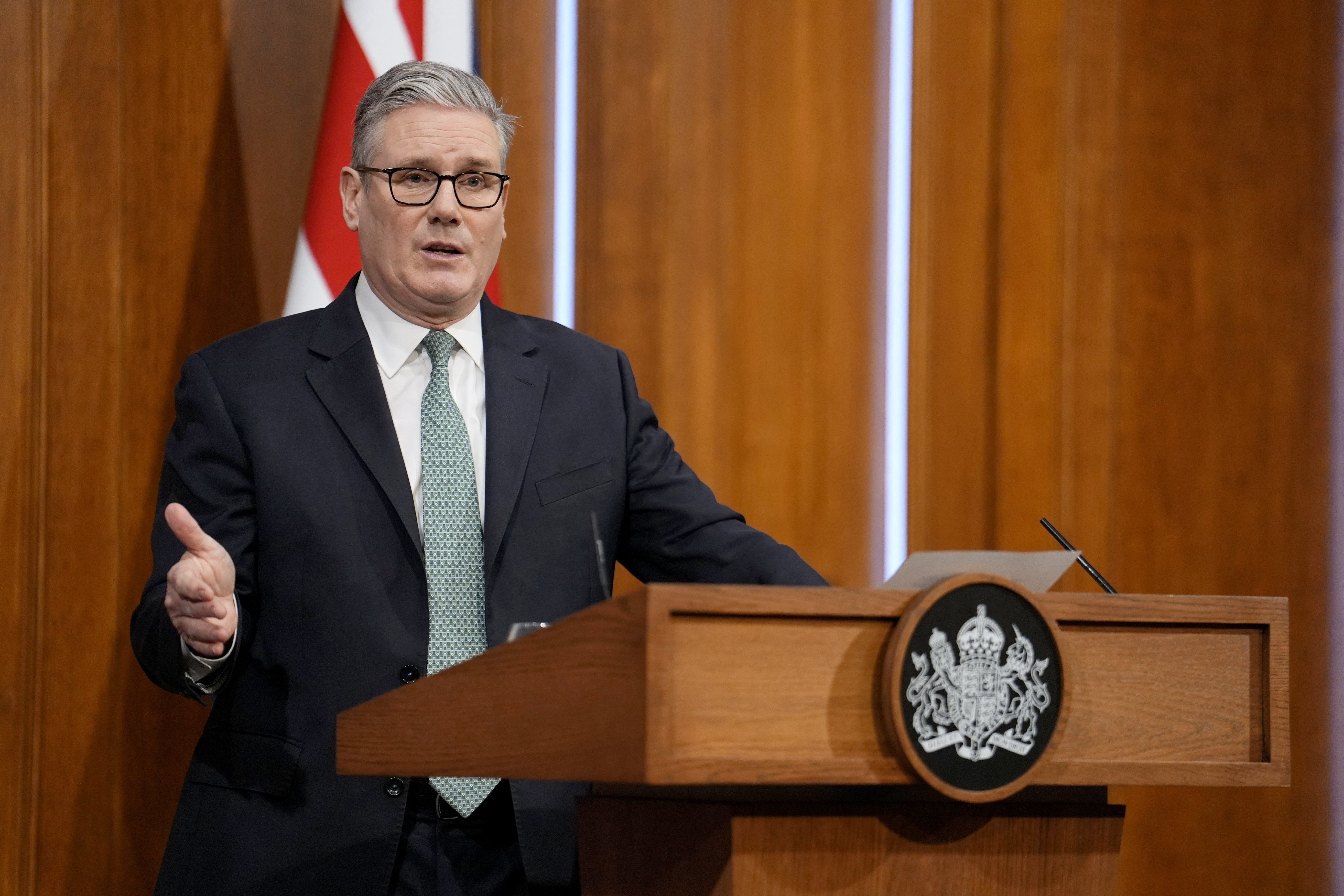British Prime Minister Starmer delivers a statement in London