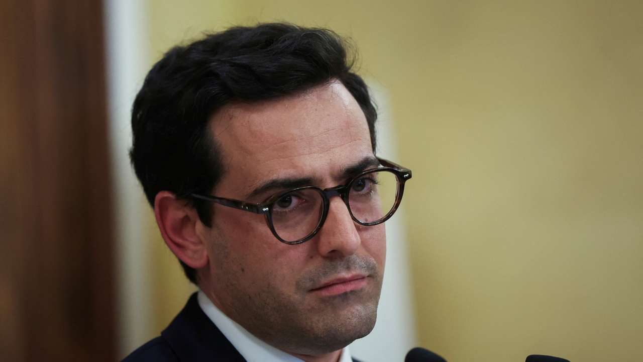 French Foreign Minister Stephane Sejourne attends a press conference at the Pine Residence, the official residence of the French ambassador to Lebanon, in Beirut