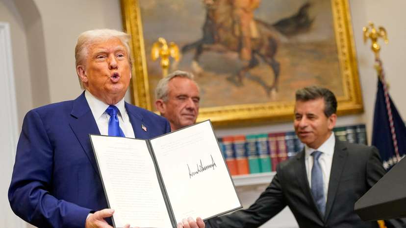 U.S. President Trump and U.S. Health and Human Services (HHS) Secretary Kennedy attend a press conference, in Washington