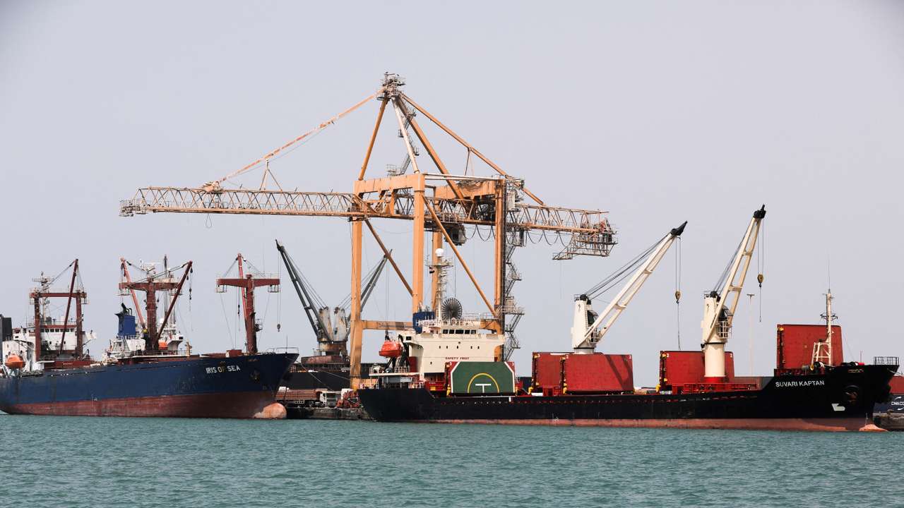 FILE PHOTO: Commercial ships are docked at the Houthi-held Red Sea port of Hodeidah