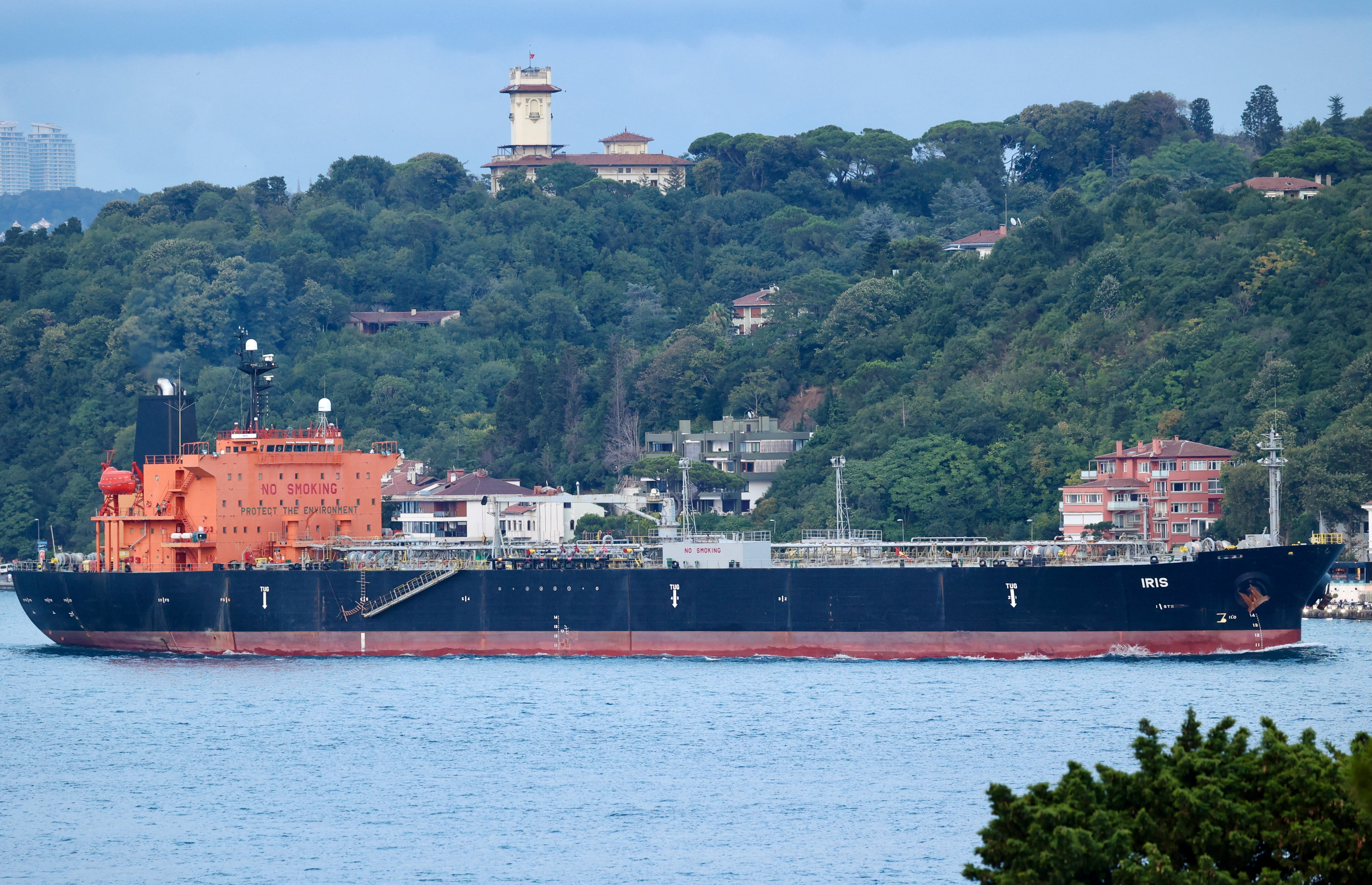 FILE PHOTO: Marshall Islands-based Meuse Shipping Inc.'s Palau-flagged tanker Iris transits Bosphorus in Istanbul