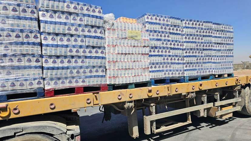 A truck loaded with aid is seen at the Kerem Shalom crossing between Israel and Gaza, on its Israeli side