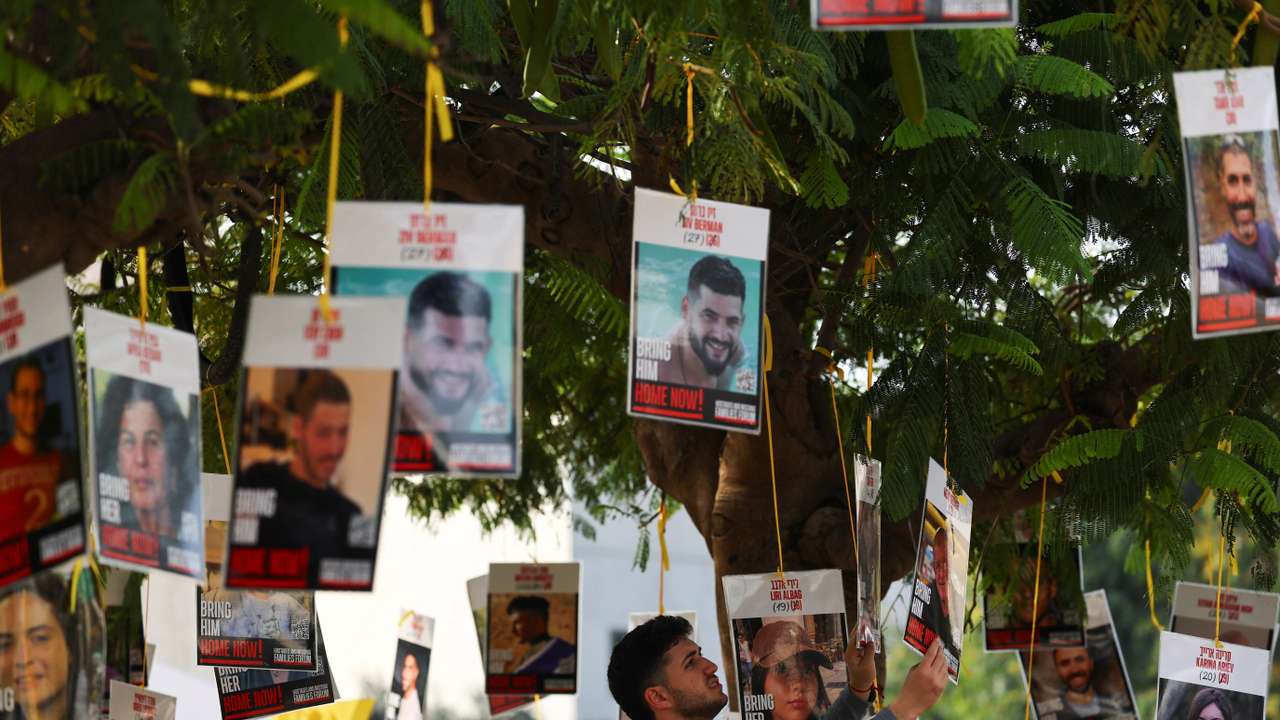 Supportive messages for the hostages kidnapped are seen at the so-called "Hostages Square" in Tel Aviv