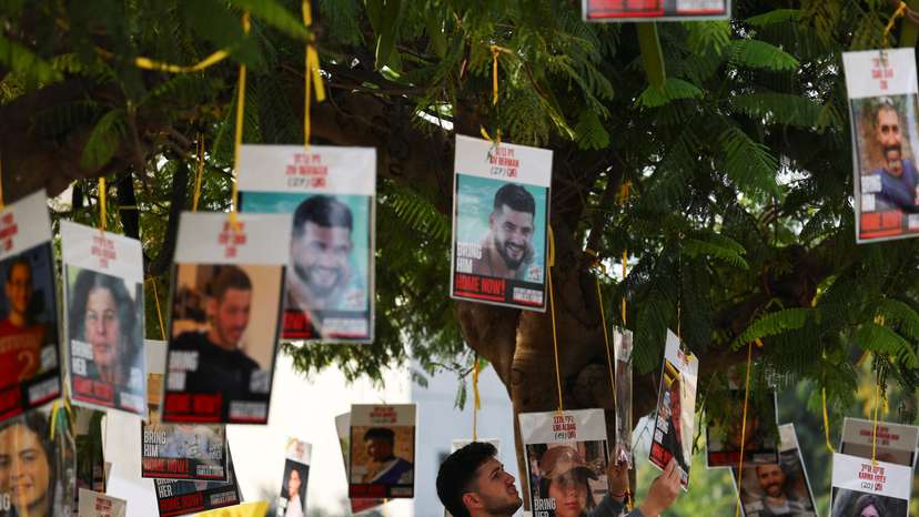 Supportive messages for the hostages kidnapped are seen at the so-called "Hostages Square" in Tel Aviv