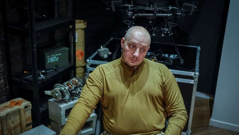 Commander of the Unmanned Systems Forces Colonel Sukharevskyi attends an interview at an undisclosed location