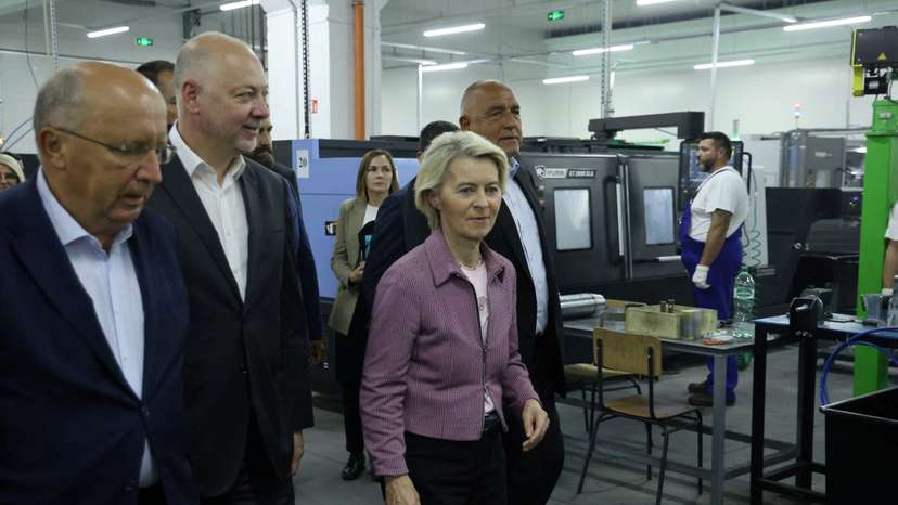 EU Commission President Ursula von der Leyen, Bulgarian PM Zhelyazkov, and Borissov, leader of GERB party, visit VMZ-Sopot