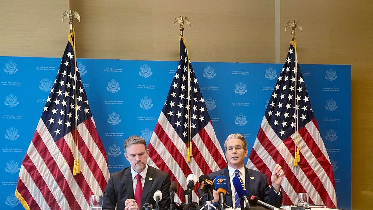 US Secretary of the Treasury Bessent and US Trade Representative Greer attend a news conference in Geneva