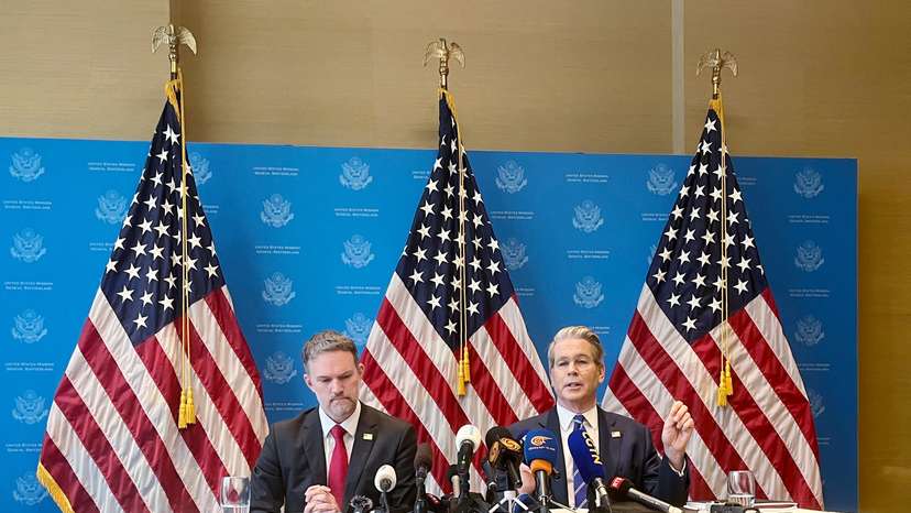 US Secretary of the Treasury Bessent and US Trade Representative Greer attend a news conference in Geneva