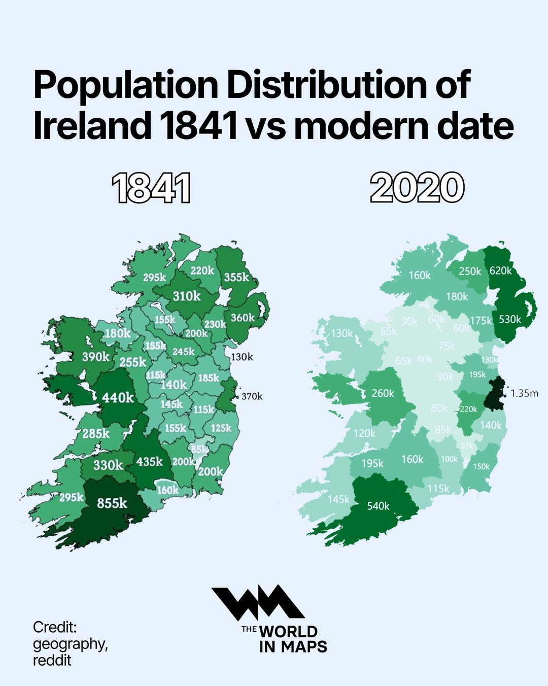 Ireland’s population map reveals a dramatic shift from 1841 to now