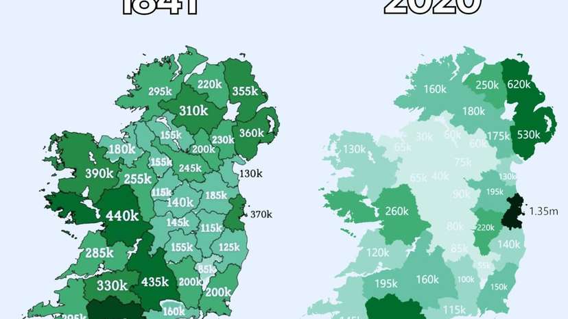 Ireland’s population map reveals a dramatic shift from 1841 to now