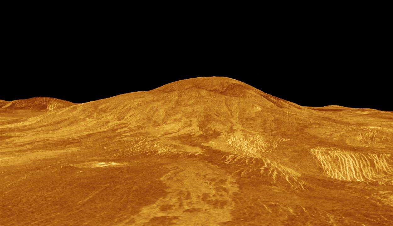 A computer-generated 3D model of Venus' surface shows the volcano Sif Mons