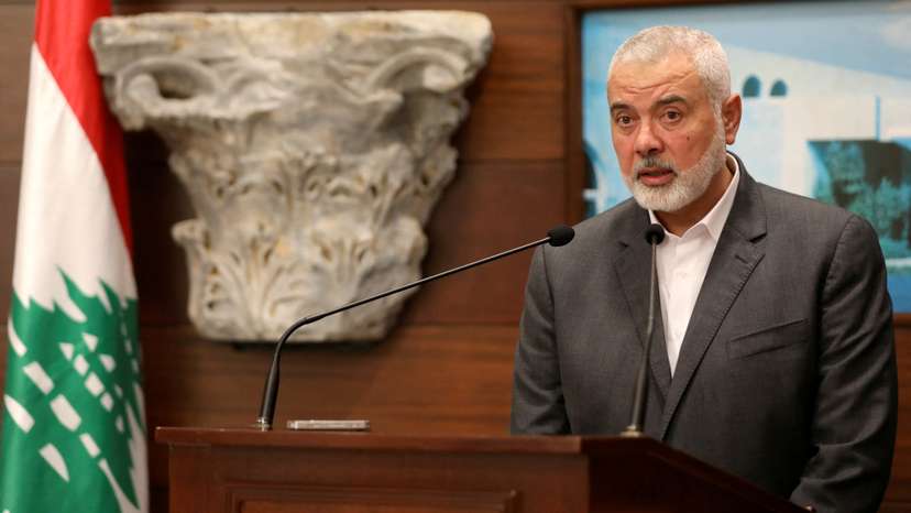 FILE PHOTO: Palestinian group Hamas' top leader Ismail Haniyeh talks after meeting with Lebanon's President Michel Aoun, in Baabda