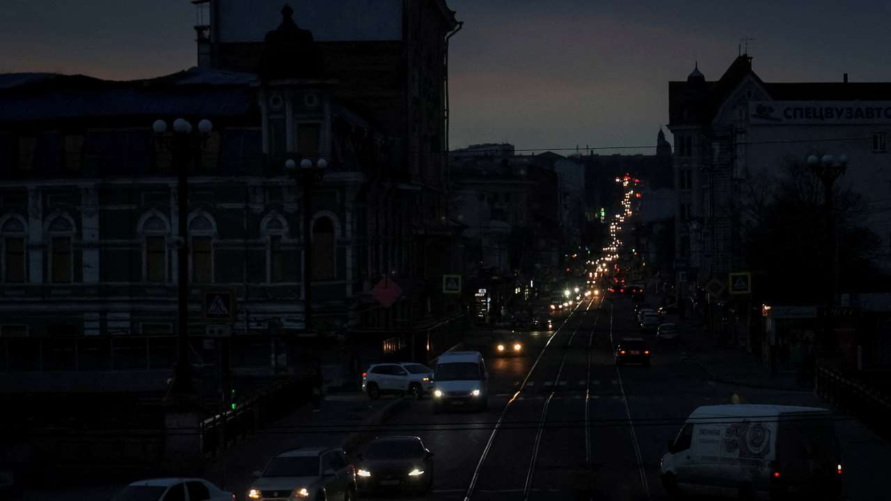 FILE PHOTO: A view shows the city without electricity after critical civil infrastructure was hit by Russian missile attacks in Kharkiv