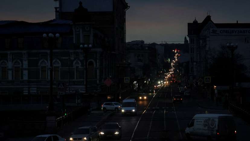 FILE PHOTO: A view shows the city without electricity after critical civil infrastructure was hit by Russian missile attacks in Kharkiv