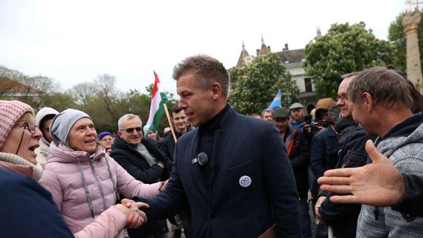 Magyar, former government insider and leader of the Respect and Freedom (TISZA) Party meets with supporters at an EP election campaign tour in Szekszard