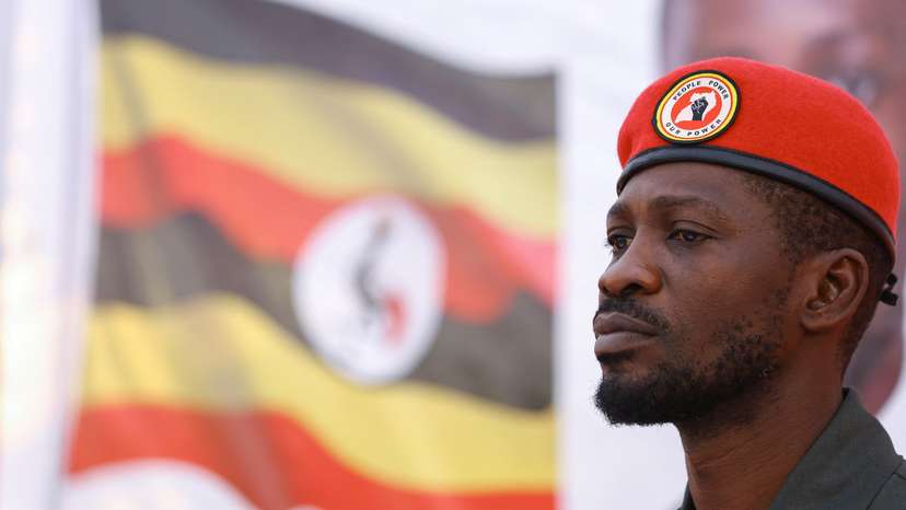 Ugandan opposition leader and singer Robert Kyagulanyi Ssentamu, known as Bobi Wine in political rally