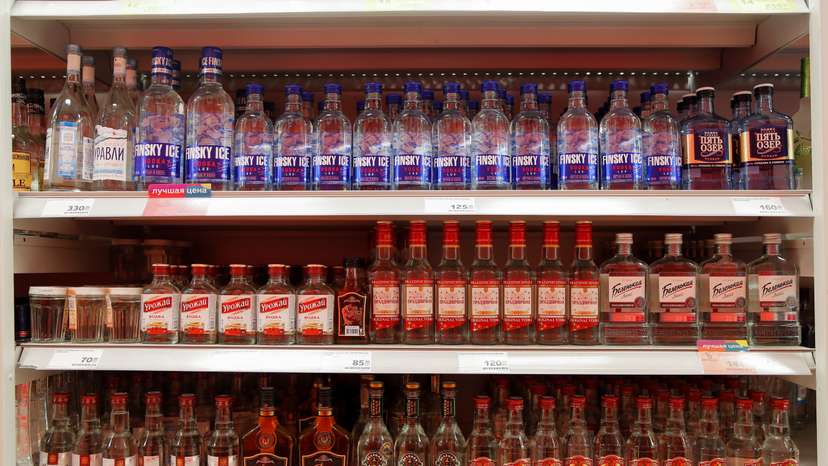 Bottles of vodka are displayed for sale in a supermarket in Moscow