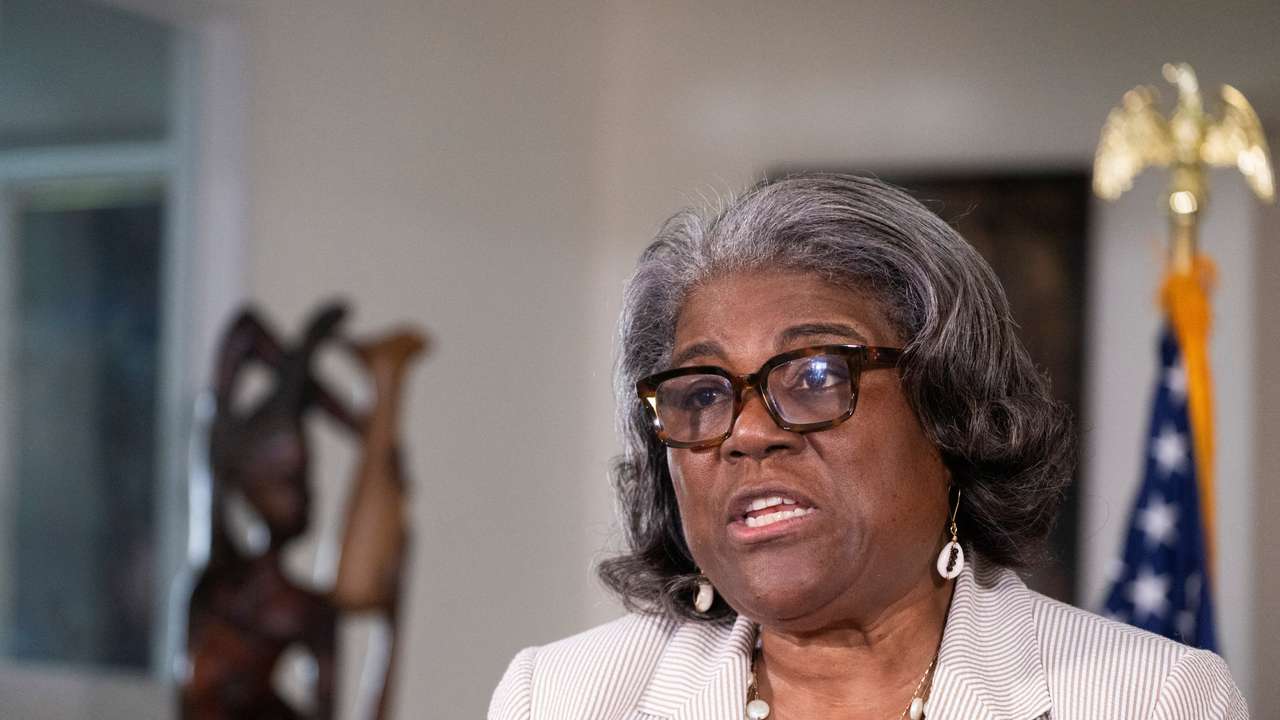U.S. Ambassador to the United Nations Linda Thomas-Greenfield speaks during a press conference at the Toussaint Louverture International Airport in Port-au-Prince
