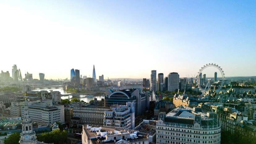 FILE PHOTO: A drone view of London's skyline after daybreak