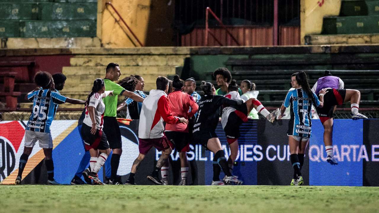 Players from River Plate and Gremio fight during a match for the Ladies Cup women's soccer tournament in Sao Paulo