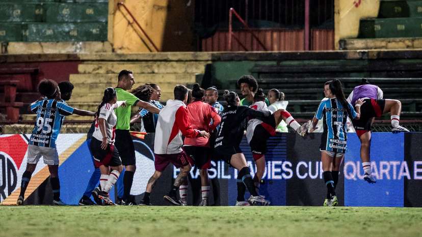 Players from River Plate and Gremio fight during a match for the Ladies Cup women's soccer tournament in Sao Paulo