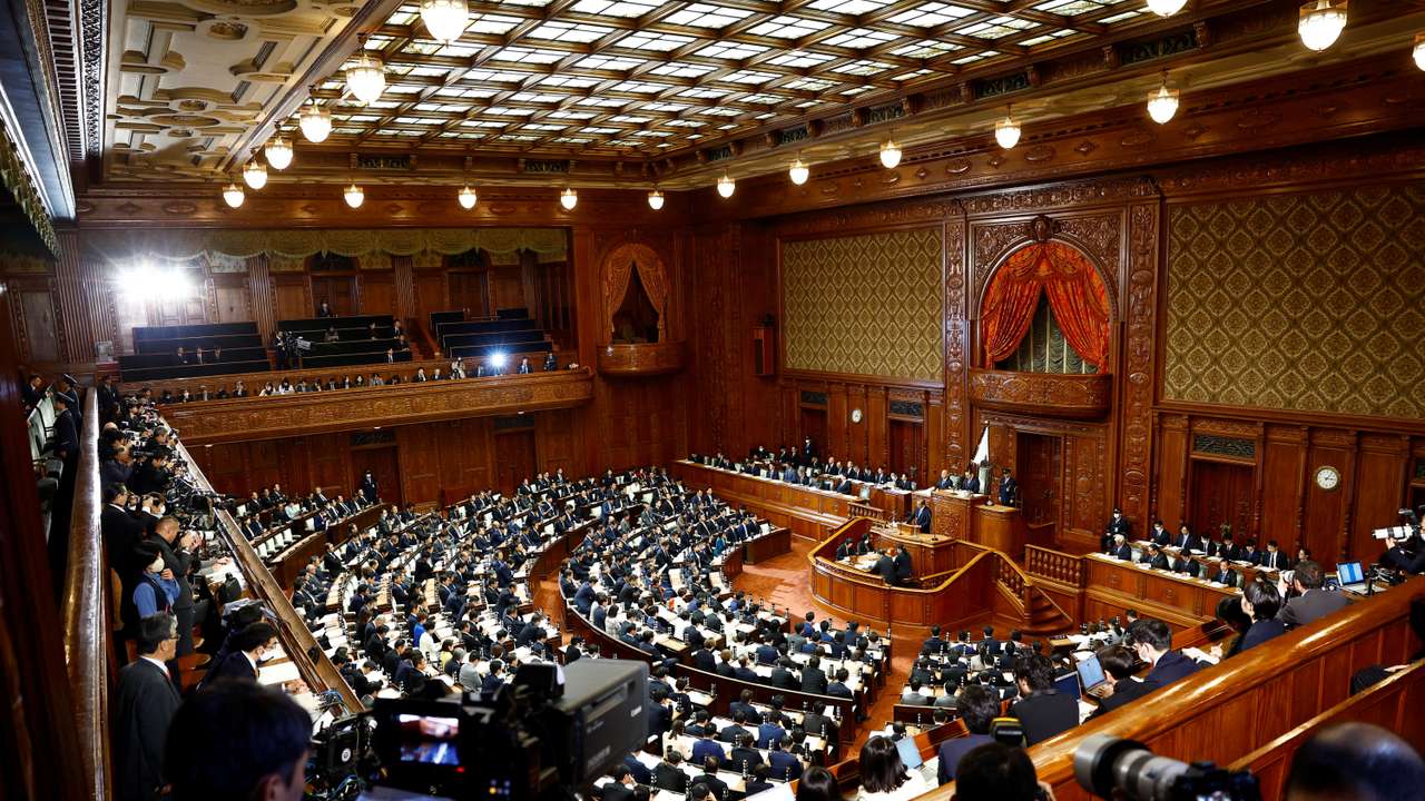 Japan's Prime Minister Shigeru Ishiba delivers his policy speech at the lower house of the parliament in Tokyo