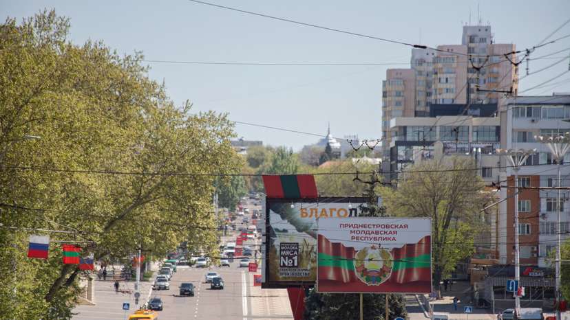 The coat of arms of Transdniestria is depicted on a banner in central Tiraspol