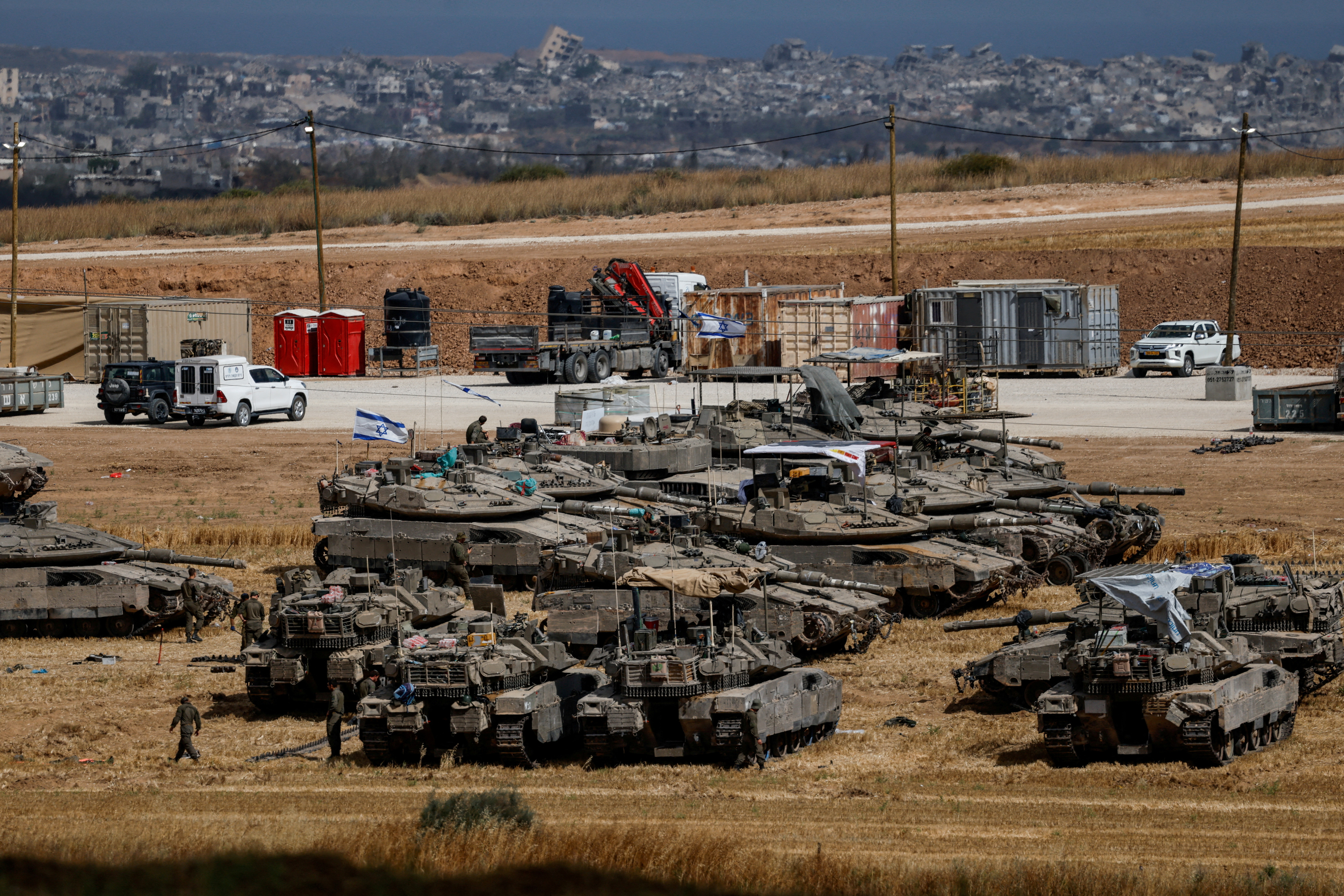 Israeli tanks are seen, near the Israel-Gaza border
