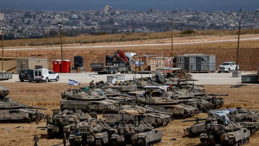 Israeli tanks are seen, near the Israel-Gaza border