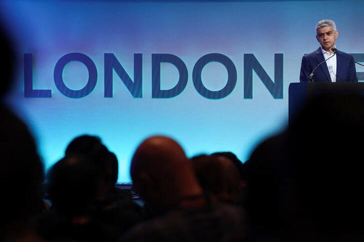 FILE PHOTO: Mayor of London Sadiq Khan speaks at the London Tech Week in London