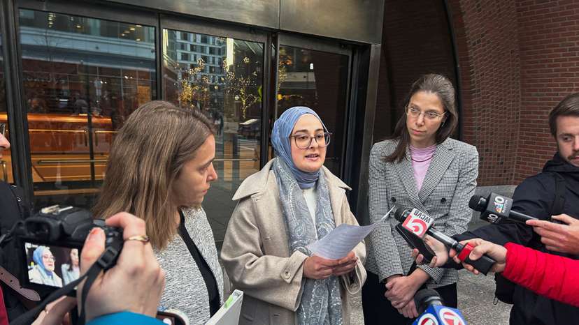 Rumeysa Ozturk, a Turkish student at Tufts University, speaks to reporters outside the federal court in Boston