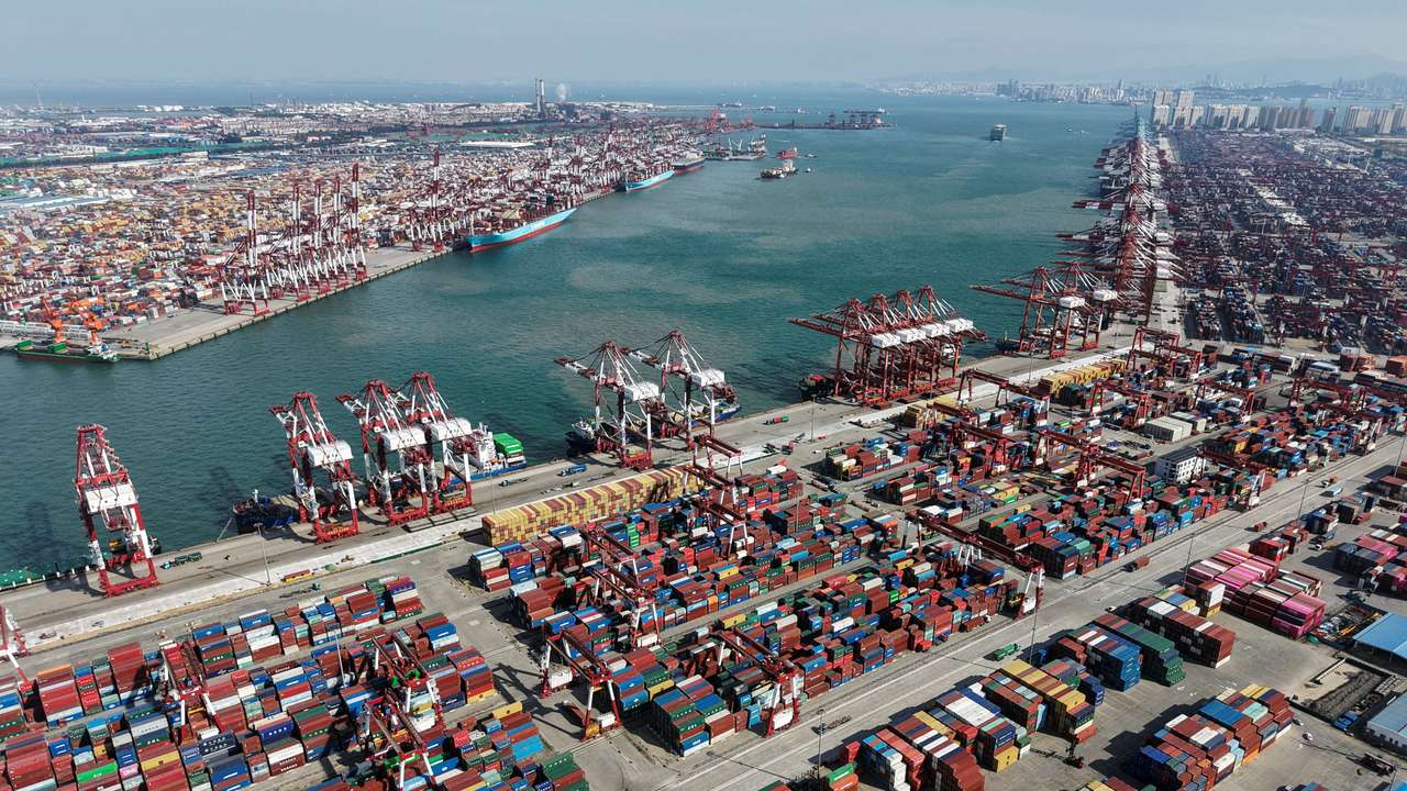 Ships and containers at the port in Qingdao