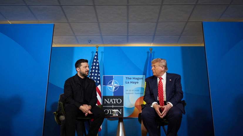 FILE PHOTO: U.S. President Trump and Ukraine's President Zelenskiy attend a meeting on the sidelines of NATO summit in The Hague