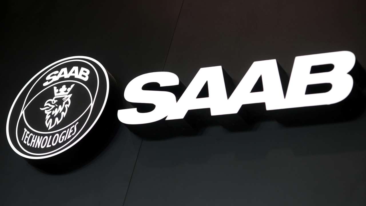 The Saab Technologies logo is displayed during the fifth day of Dubai Air Show in Dubai