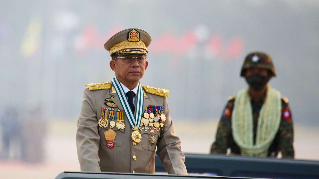 Myanmar's junta chief Senior General Min Aung Hlaing presides an army parade on Armed Forces Day in Naypyitaw