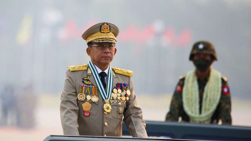 Myanmar's junta chief Senior General Min Aung Hlaing presides an army parade on Armed Forces Day in Naypyitaw