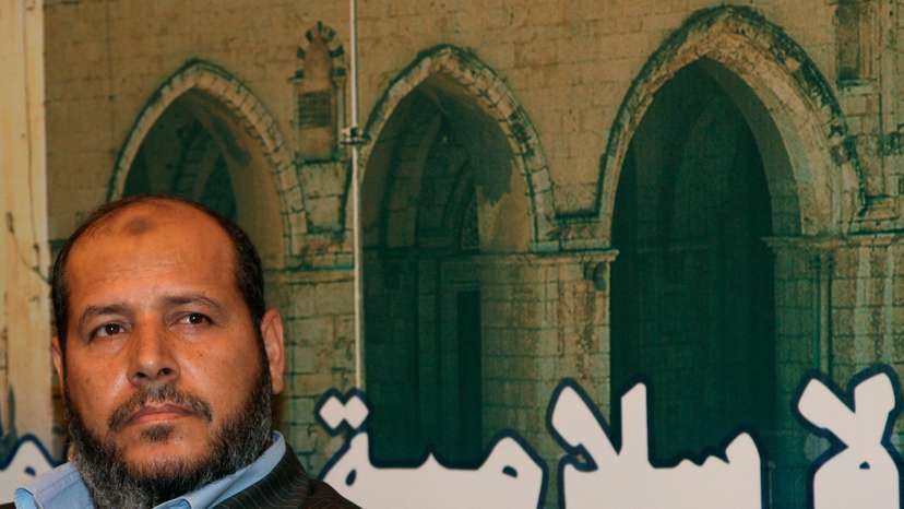Senior Hamas leader Khalil al-Hayya looks on during a news conference with other Hamas leaders in Damascus
