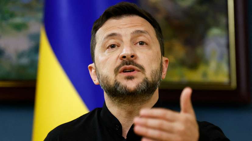 FILE PHOTO: Ukraine's President Zelenskiy speaks during a press briefing, in Kyiv