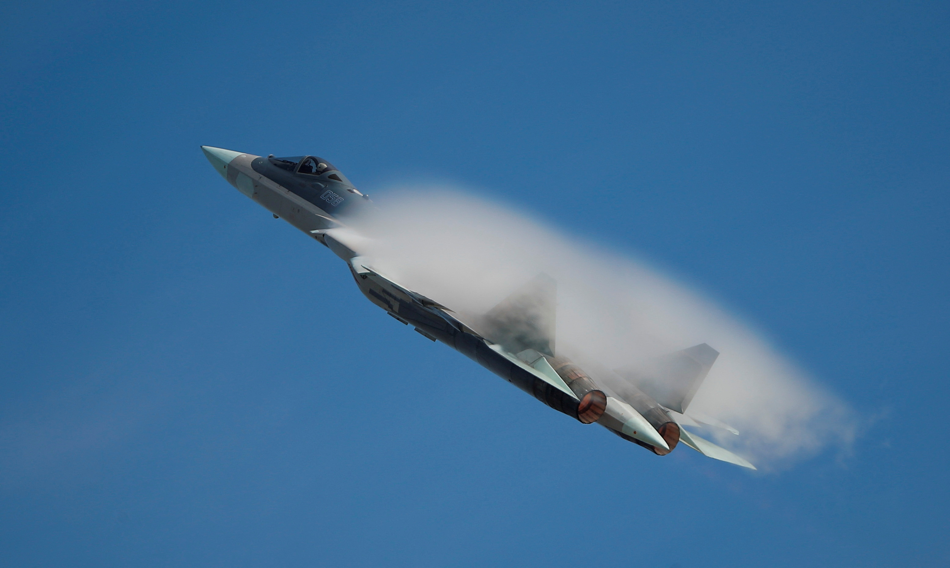 FILE PHOTO: Sukhoi Su-57 jet fighter performs during International military-technical forum "Army-2020" at Kubinka airbase