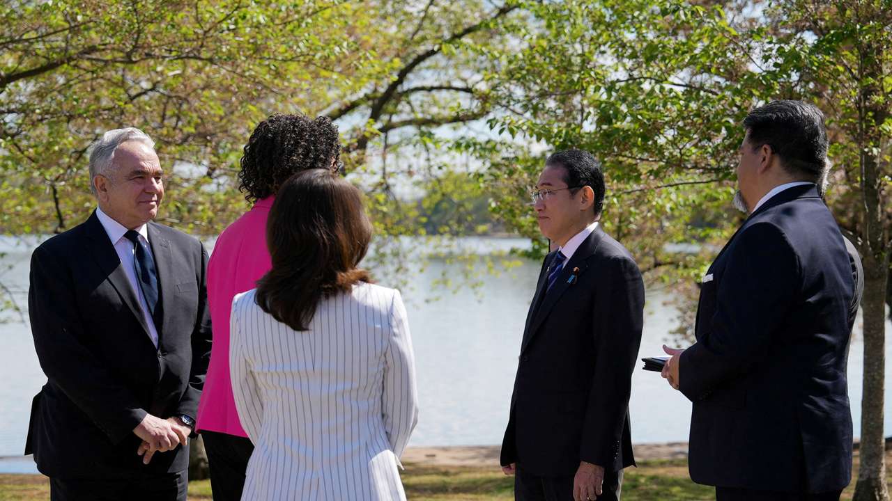 Japanese Prime Minister Fumio Kishida and his wife Yuko Kishida attend an event to pledge 250 new cherry blossom trees to the city of Washington
