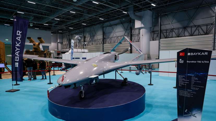 FILE PHOTO: TB2 drone of Turkish drone-maker Baykar is seen at a stand during the first day of SAHA EXPO Defence & Aerospace Exhibition in Istanbul