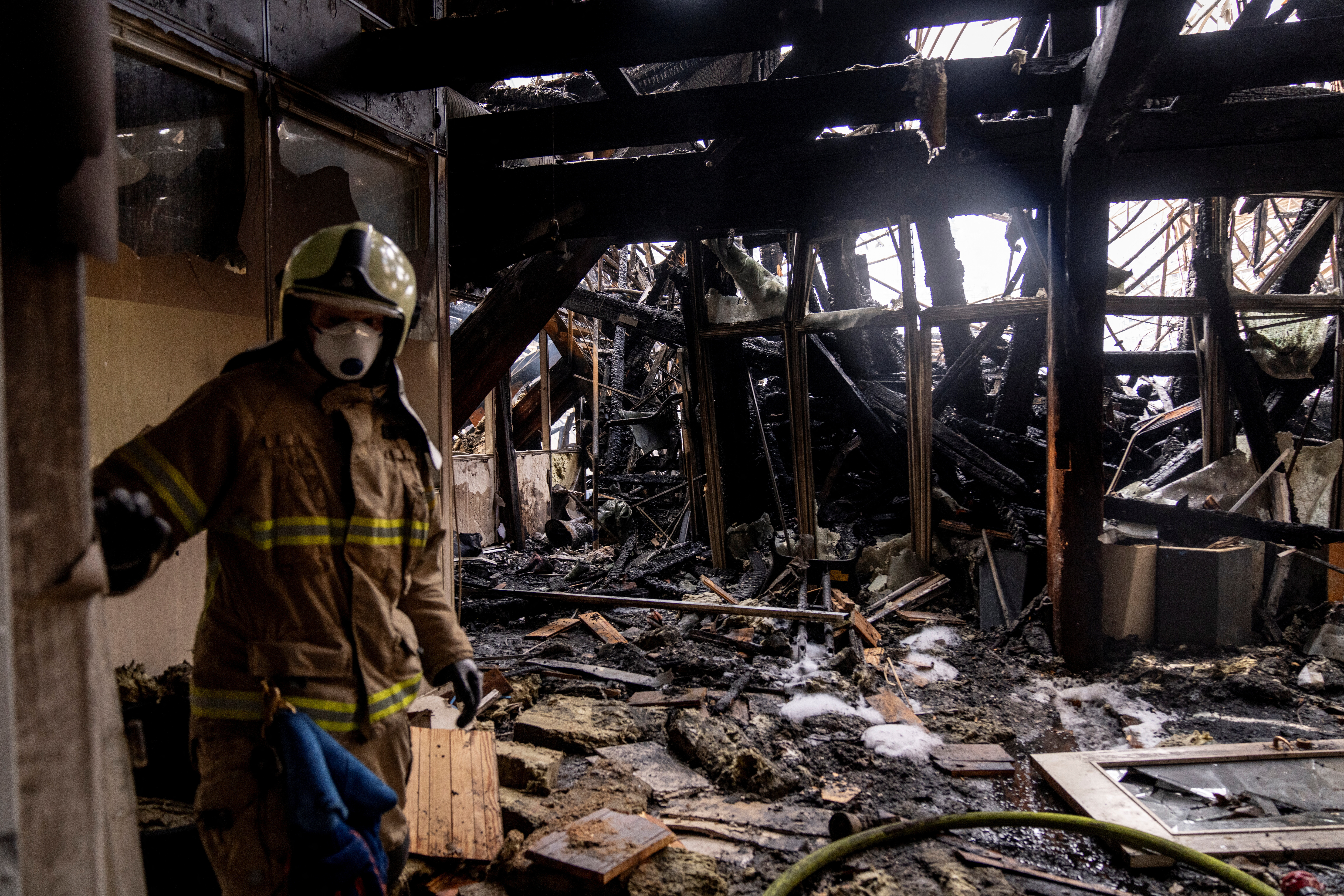 Aftermath of the fire at the Old Stock Exchange building, in Copenhagen