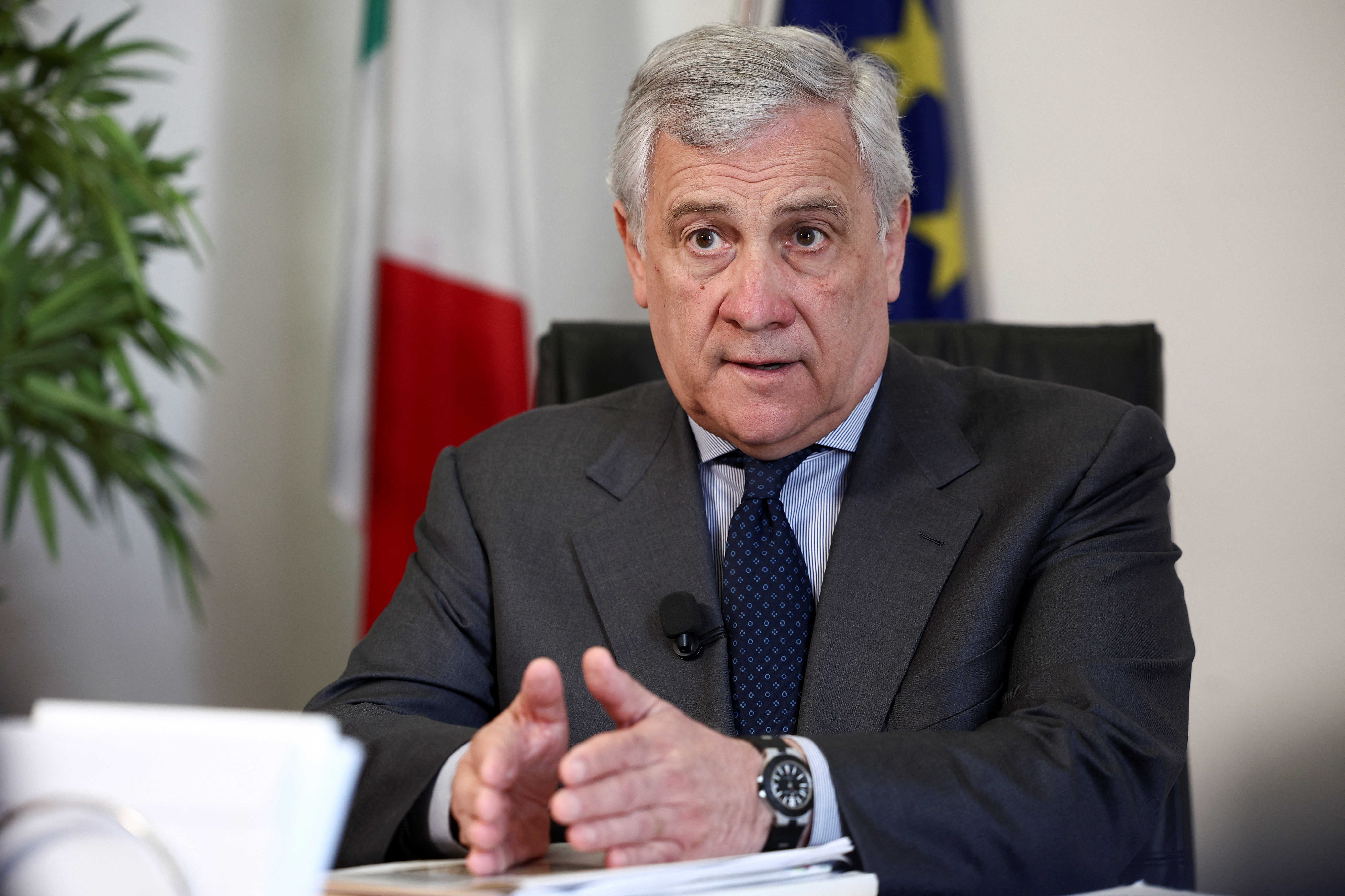 Italian Foreign Minister Antonio Tajani speaks during an interview with Reuters, in Rome