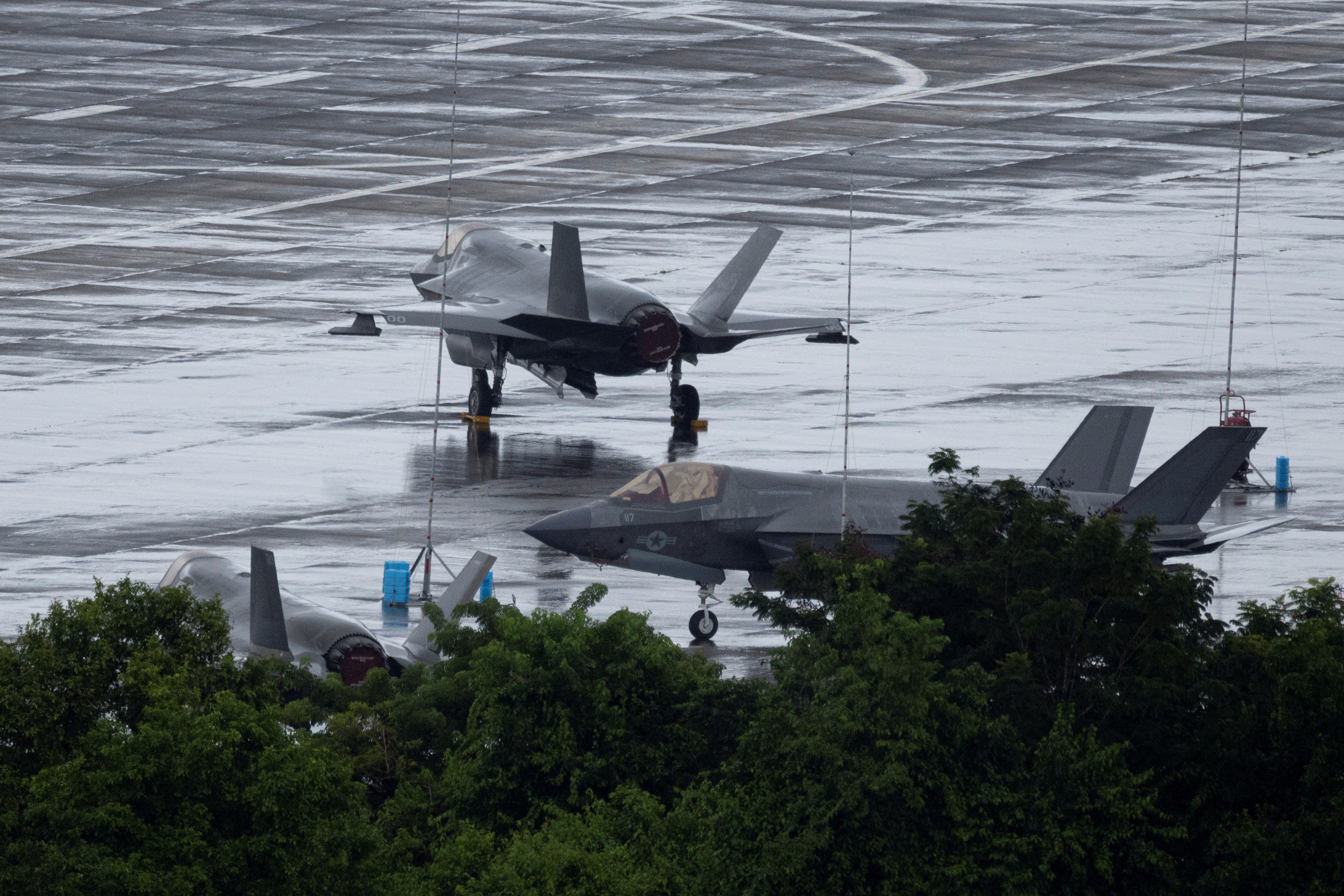 U.S. Marine Corps F-35 fighter jets are parked on the tarmac at the former Roosevelt Roads Naval Station in Ceiba.