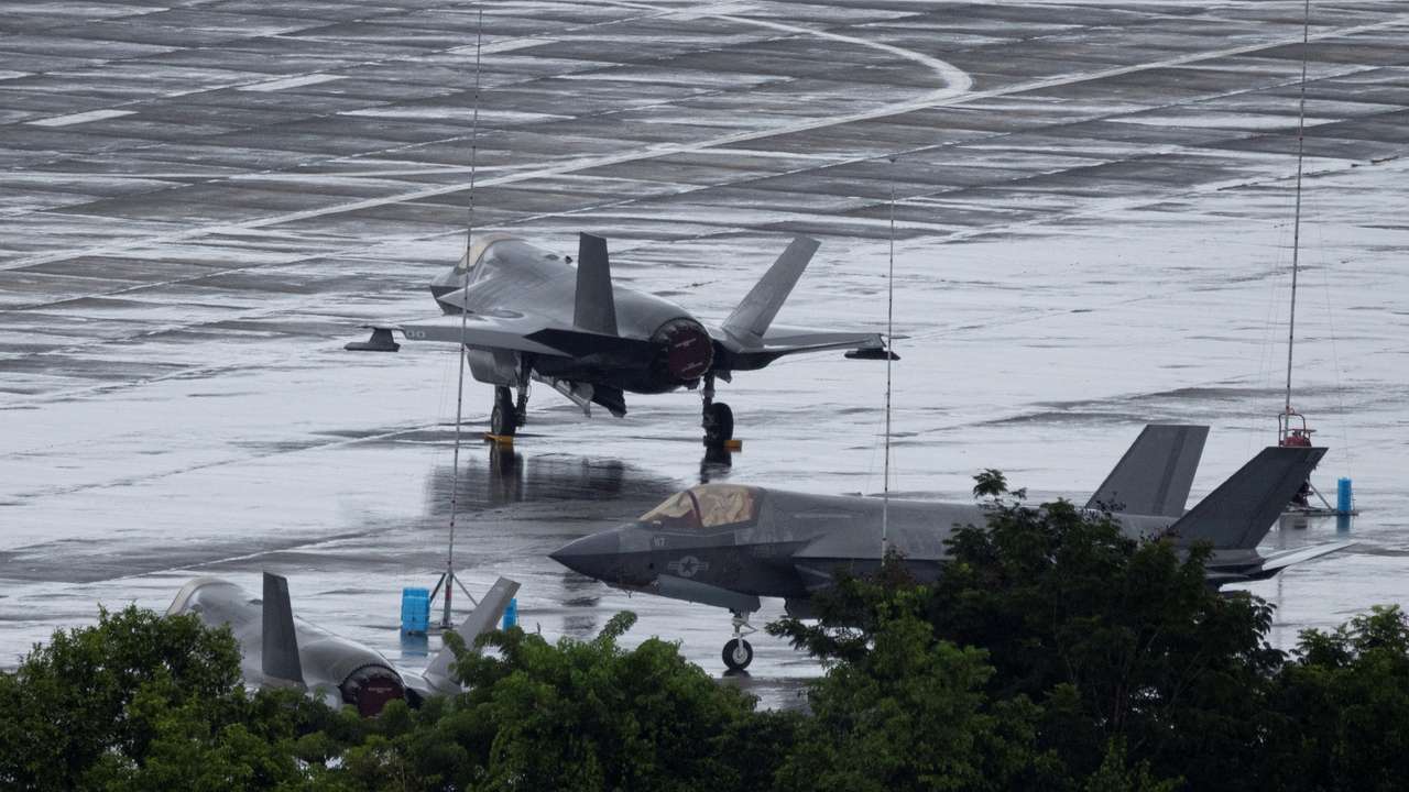 U.S. Marine Corps F-35 fighter jets are parked on the tarmac at the former Roosevelt Roads Naval Station in Ceiba.