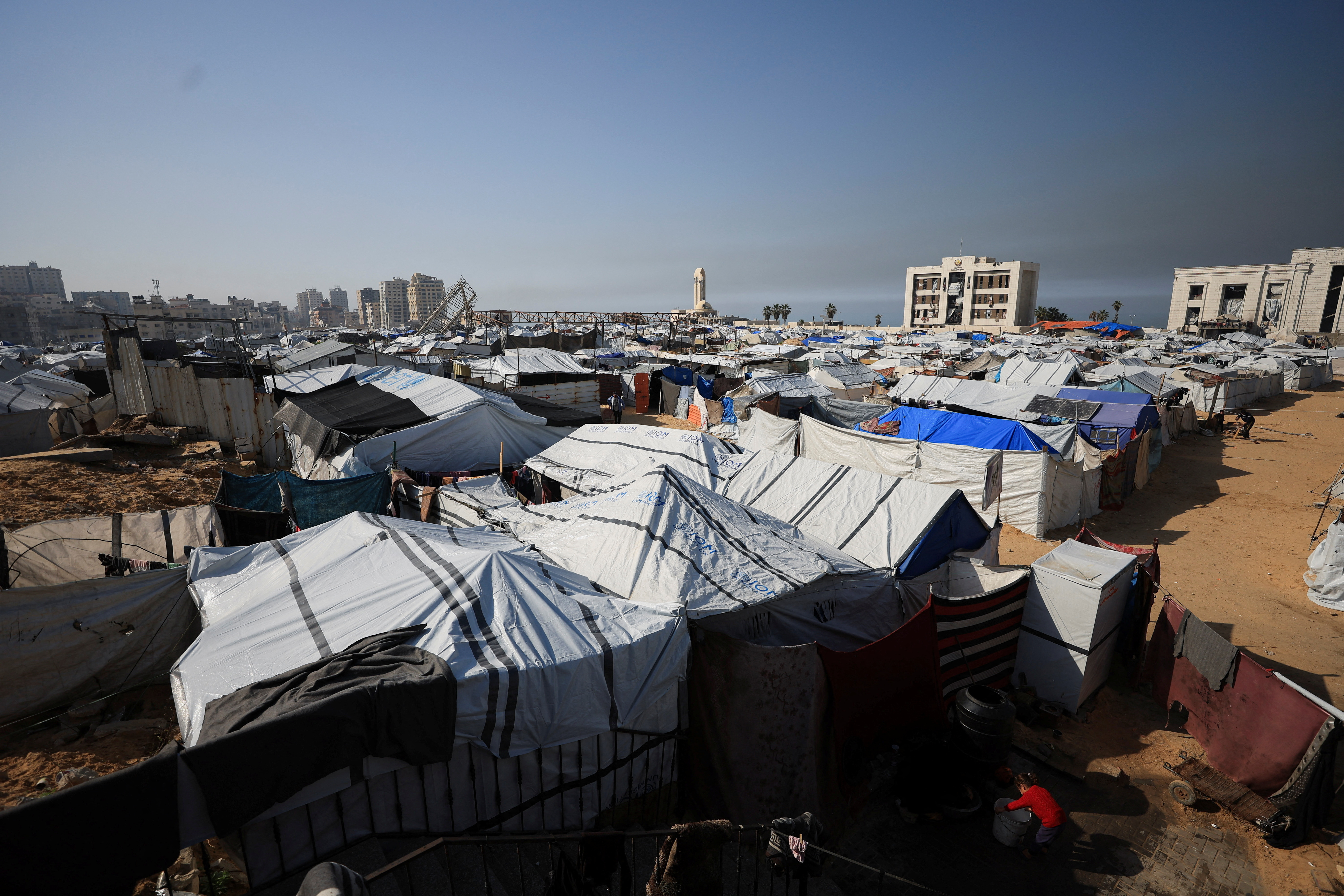General view of tent shelters housing displaced Palestinians who lost their homes during the war, amid worsening humanitarian conditions, in Gaza