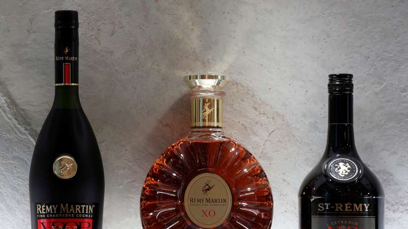 FILE PHOTO: Bottles of Remy Martin VSOP cognac, Remy Martin XO cognac and St-Remy XO Brandy are displayed at the Remy Cointreau SA headquarters in Paris