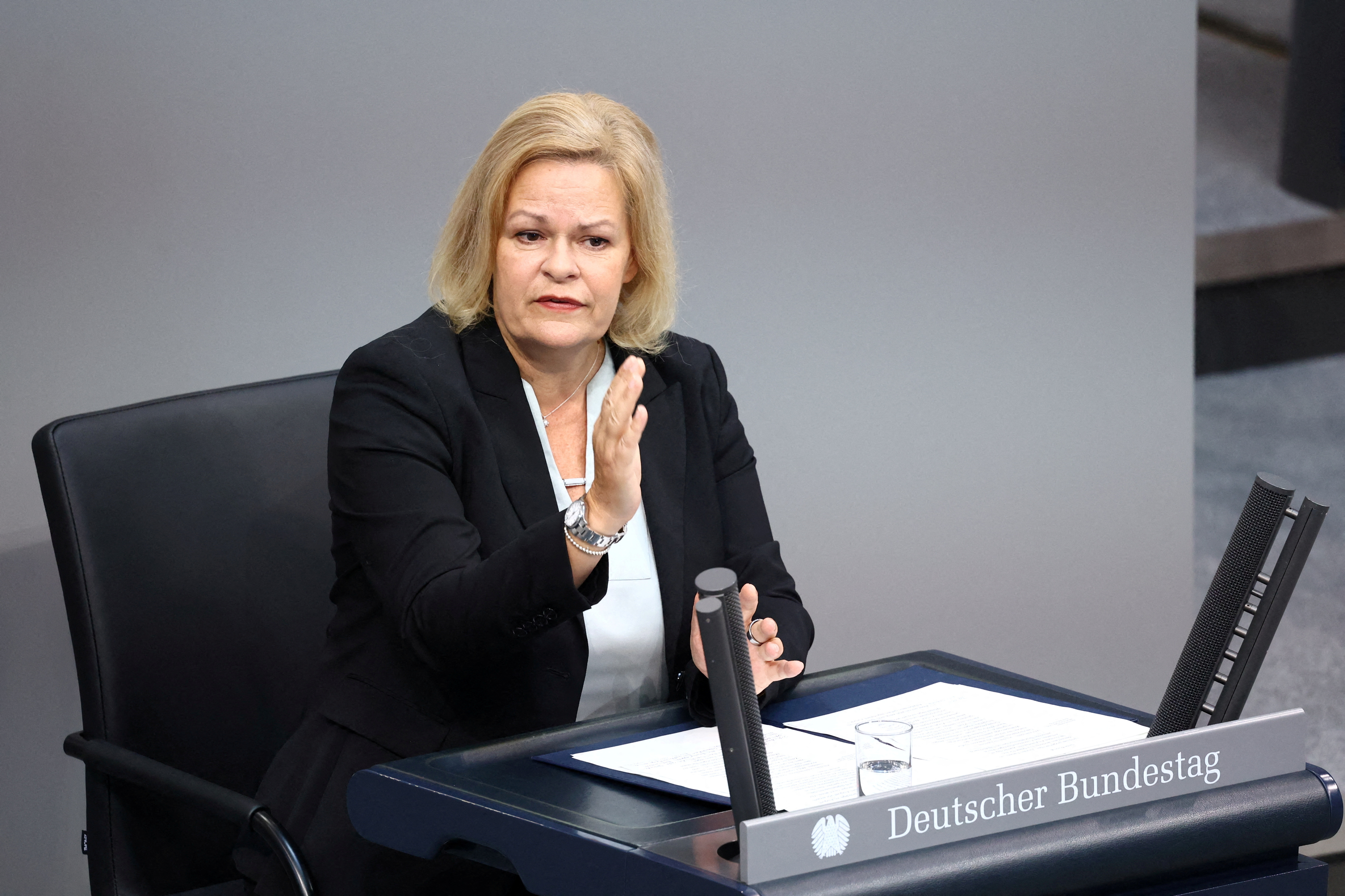FILE PHOTO: German Interior Minister Nancy Faeser addresses the lower house of parliament Bundestag on migration, in Berlin