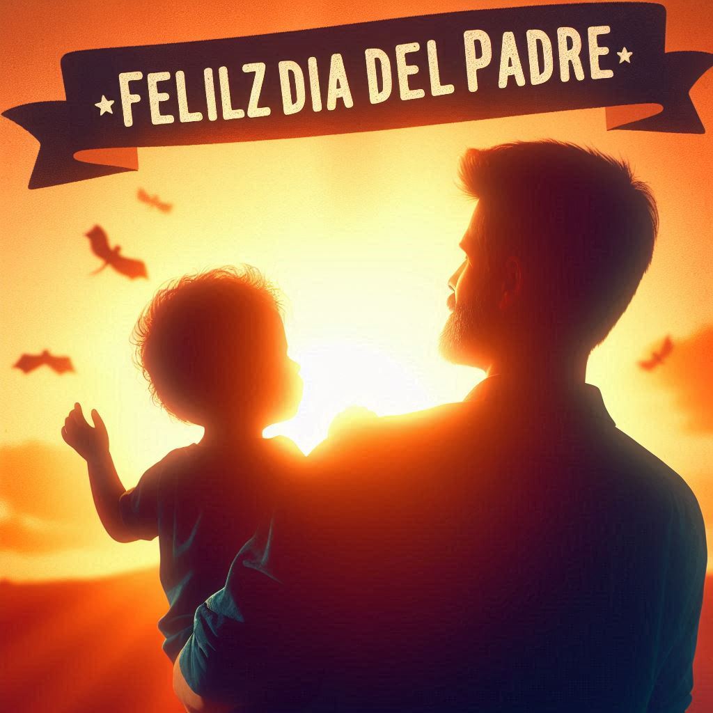 A silhouette of a father and child in the background of a banner with 'Feliz Día del Padre' written on it